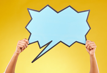 Image showing Social media announcement, woman and hands with speech bubble for opinion, marketing space or brand advertising. Product placement, mock up billboard and person with voice mockup on studio background