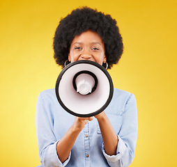 Image showing Megaphone announcement, portrait or black woman talking with voice or doing sales promotion. Speaker face, bullhorn noise or person broadcast news, studio speech or communication on yellow background