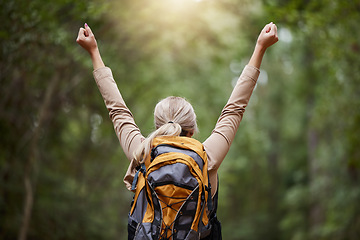 Image showing Back, woman arms and hiking for success, freedom and hope of courage, achievement and nature. Hiker celebrate travel, motivation and inspiration of goals, wellness and energy of adventure in forest