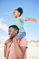 Image showing Beach, man with child and piggy back on shoulders on holiday in Australia with ocean fun. Travel, smile and happy black family, dad and girl playing, flying and bonding together on vacation in nature