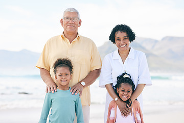 Image showing Happy portrait, peace and family on beach holiday for calm, freedom and outdoor quality time together. Nature sunshine, ocean sea sand and Mexico children, grandparents or people smile on vacation