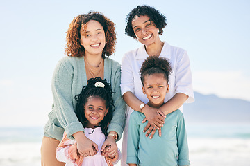 Image showing Happy portrait, nature and family on beach holiday for peace, freedom and outdoor quality time together. Love, ocean sea sand and Mexico children, grandmother and mother smile with vacation sunshine