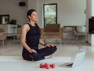 Image showing Young Beautiful Female Exercising, Stretching and Practising Yoga with Trainer via Video Call Conference in Bright Sunny House. Healthy Lifestyle, Wellbeing and Mindfulness Concept.