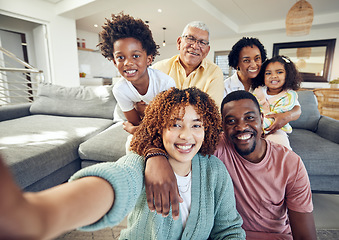 Image showing Relax, smile and selfie with black family in living room for social media, bonding and proud. Happiness, picture and generations with parents and children at home for memory, support and weekend