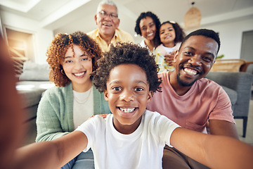 Image showing Care, smile and selfie with black family in living room for social media, bonding and relax. Happiness, picture and generations with parents and children at home for memory, support and weekend