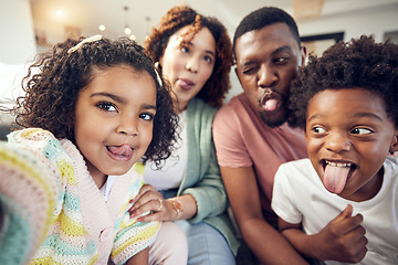 Image showing Happy, tongue and selfie with black family in living room for social media, bonding and funny face. Happiness, picture and care with parents and children at home for memory, support and weekend