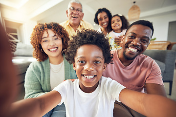 Image showing Generations, smile and selfie with black family in living room for social media, bonding and relax. Happiness, picture and proud with parents and children at home for memory, support and weekend