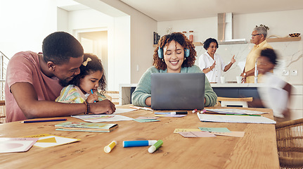 Image showing Black family, education and learning on busy dining table together for childhood development at home. Happy dad helping daughter with homework while mother is working on laptop in the living room