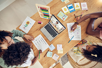 Image showing Elearning, education and homework with black family at table from top view for creative, care or tutor. Distance learning, schoolwork and child development with parents and children for online course