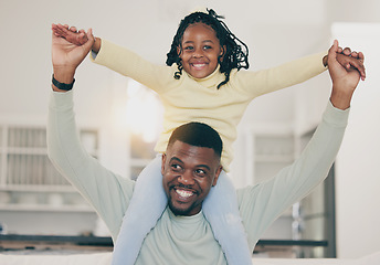 Image showing Black family, house and dad having fun with a happy child on a living room sofa with happiness. Father, parent love and support of a kid with a smile and youth in a home with lens flare in lounge