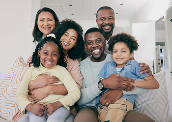 Image showing Black family, smile and portrait on couch with children, parents and grandparents with happiness, love and care. Senior man, women and kids with generations, hug and bonding in living room on sofa