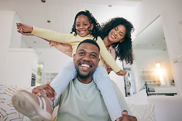 Image showing Portrait, playing and black family on couch, silly and care in living room, memory and weekend break. Face, African American parents and father with mother, female kid and quality time in living room