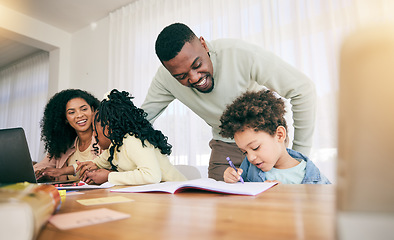 Image showing Writing, drawing and parents with children for homework, school activity and learning with notebooks. Black family, education and happy mom, dad and kids smile for teaching, lesson and help at home