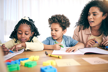 Image showing Books, drawing and mom with children for homework, school activity and learning with paper. Black family, education and happy mother with boy and girl smile for teaching, lesson and help at home