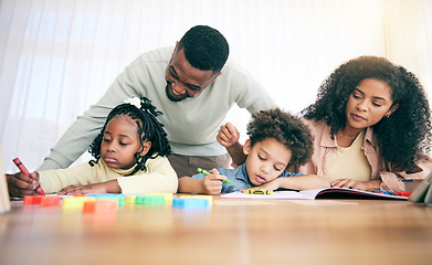 Image showing Learning, writing and parents with children with homework, school activity and learning at home desk. Black family, education and mom, dad and kids with paper, drawing and crayon for teaching lesson