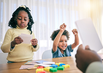 Image showing Education, help and parents with children for homework, school activity and learning with paper. Black family, creative project and happy boy and girl excited for teaching, lesson and playing at home