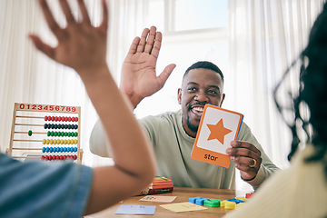 Image showing Learning, high five and father with children for homework, school activity and learning shapes at home. Black family, education and happy dad with kids smile for creative teaching, lesson and help