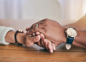 Image showing Closeup of couple hand holding in support, empathy and help for bad news, depression or mental health problem. Therapy, psychology and depressed, sad or anxiety of mature man and woman hands together