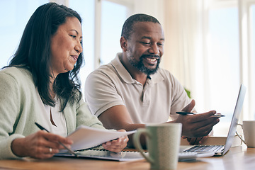 Image showing Budget, finance and happy interracial couple planning home investment, savings or mortgage and taxes together in the living room. Married people review financial insurance document or paperwork