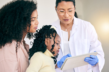 Image showing Tablet, healthcare and doctor with a mother and child in discussion on test results in the hospital. Professional, communication and female medical worker on a mobile device with the mom and kid.