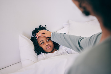 Image showing Sick, fever and mother with child in bedroom for illness, care and parenting. Disease, temperature and flu with woman feeling girl forehead in bed of family home for worry, checking and concerned