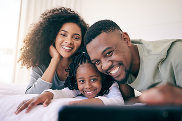 Image showing Selfie, smile and black family relax in bed, happy and bonding while posing in their home. Love, girl and parents in a bedroom, resting and having fun, joy and cheerful for photo or profile picture