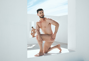 Image showing Man model, naked statue and art deco frame of a male posing outdoor for fine and lgbt artwork. Architecture, nude and live greek statues with a person with power and homosexual figure for creativity