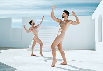 Image showing Art, pose and naked men in sun, creative architecture and blue sky, muscle flex and athletic lgbt body. Pride, power and gay couple posing as artistic Greek athlete statue, freedom in self expression