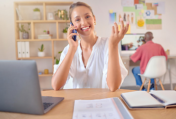 Image showing Business call, phone and portrait of a woman in a office with communication and networking. Happy, female and mobile planning with a smile with professional information and creative work goals