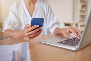 Image showing Phone, laptop and search with hands of woman in office for social media, networking and connection. Internet, technology and planning with female for contact, communication and browsing online