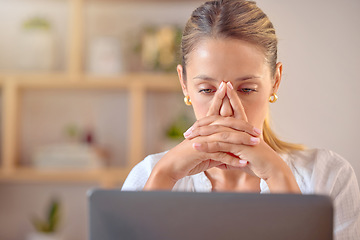 Image showing Stress, thinking and laptop with woman in office for planning, proposal and research deadline. Email, anxiety and technology with female reading news online for headache, frustrated and 404 glitch