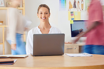 Image showing Busy office, woman portrait and laptop of a female fashion designer and stylist with a smile in office. Website, ecommerce analytics and design research of a young person working style business app