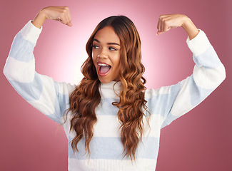 Image showing Smile, power and woman flexing arms, freedom and excited gen z model in studio on pink background. Feminism, empowerment and strength, happy and strong girl isolated and confident win for challenge.