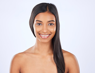 Image showing Woman, hair and beauty and haircare in portrait with smile, cosmetic care and keratin treatment on studio background. Happy, Indian female with hairstyle and skin glow, Brazilian and cosmetics