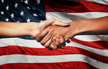 Image showing Handshake, partnership and people with flag in USA for political agreement, cooperation and alliance. Election, support and American women shaking hands for democracy, collaboration and negotiation