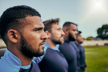 Image showing Rugby, sports and teamwork with men on field for training practice, fitness and challenge. Serious, power and performance with group of athletes for exercise goals, solidarity and commitment