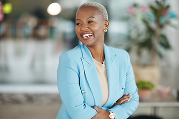 Image showing Office, laugh or happy black woman, business HR manager or employee smile for startup company growth. Human resources, corporate person or African female, bank admin agent or professional consultant