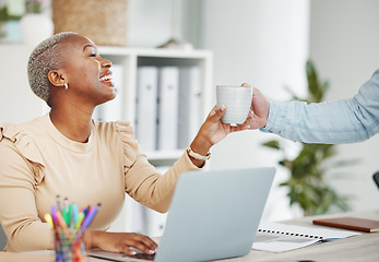 Image showing Coffee, laptop and thank you with a designer black woman at work in her office on a creative project. Computer, drink and gratitude with a happy female employee taking a break while working on design