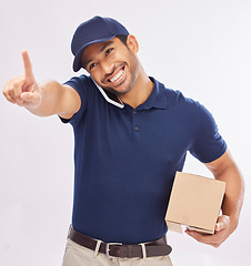 Image showing Phone call, delivery and man with box in studio isolated on a white background. Shipping, logistics and smile of happy Asian male courier with package and cellphone for ecommerce, talking or chatting