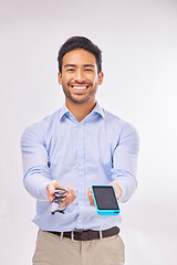 Image showing Glasses, payment machine and portrait of a man holding frame design with a smile. Retail worker, optometrist and eyewear of a model ready for selling and qr code scan in a studio with white backgroun