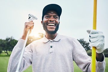 Image showing Golf, winner and happy with black man on field for training, sports and success in club. Competition, games and celebration with golfer playing on grass lawn for energy, pride and achievement