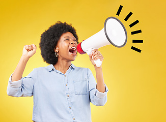 Image showing Bullhorn announcement, shout or studio black woman protest for democracy vote, justice or human rights rally. Fight racism speech, megaphone microphone or angry speaker fist on yellow background fist