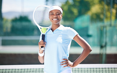 Image showing Tennis, portrait and smile of black woman on court ready for match, game or competition. Fitness, sports and happy, proud and confident female athlete from Nigeria preparing for exercise or training.