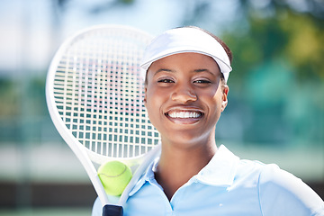 Image showing Tennis, face portrait and smile of black woman on court ready for match, game or competition. Fitness, sports and happy, proud and confident female athlete from Nigeria preparing for training workout