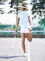 Image showing Tennis, back and black woman stretching legs on court to start workout, training or exercise. Fitness, sports racket and athlete stretch, warm up and prepare for match, game or competition outdoors.