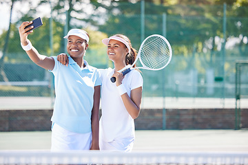 Image showing Tennis, friends and selfie at court for training, match or exercise on blurred background. Sports, women and social media influencer smile for photo, profile picture or blog while live streaming