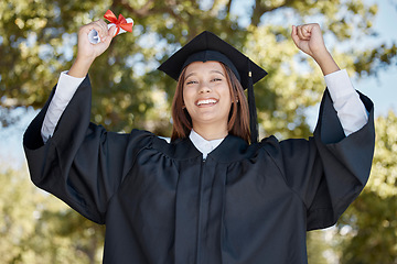 Image showing Success, graduation and portrait of a woman with a diploma for finishing university. Achievement, excited and graduate with a certificate to celebrate the completion of academic studies at college