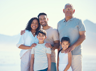 Image showing Family, portrait and smile with generations, love and travel, relationship with grandfather, parents and children outdoor. Bonding, care and happiness, spending quality time together and happy people