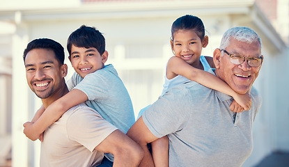 Image showing Family, dad and grandfather piggyback children in portrait, love and relationship with generations, bonding and care. Smile, happiness and fun together with men and kids outdoor with childhood