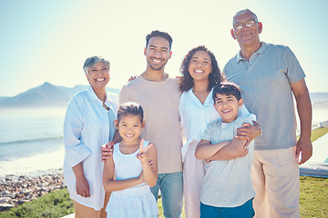 Image showing Family, parents and grandparents with children in portrait, love and care with generations outdoor in back yard. Bonding, trust and happiness, spending quality time together and people smile